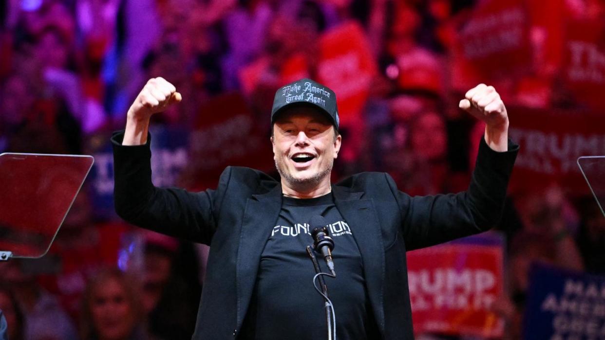 PHOTO: Tesla and SpaceX CEO Elon Musk gestures as he steps on stage during a rally for former President and Republican presidential candidate Donald Trump at Madison Square Garden in New York City, Oct. 27, 2024.  (Angela Weiss/AFP via Getty Images)