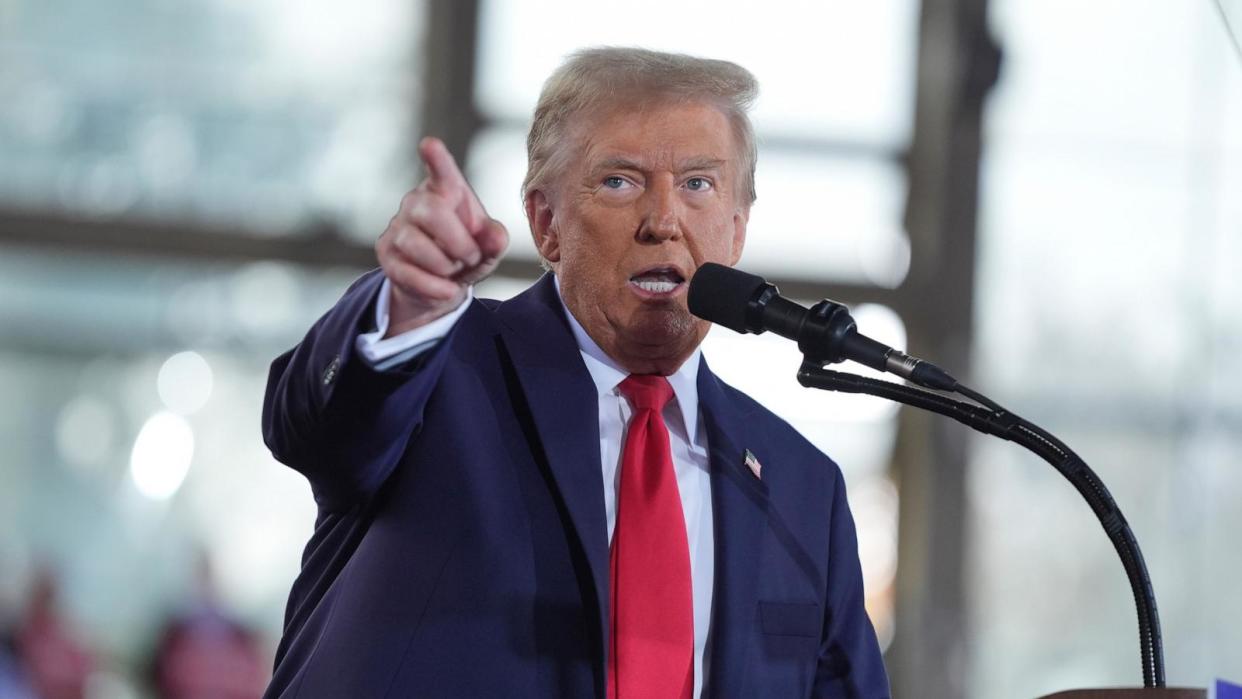 PHOTO: Republican presidential nominee former President Donald Trump speaks during a campaign rally at J.S. Dorton Arena, Nov. 4, 2024, in Raleigh, N.C.  (Evan Vucci/AP)