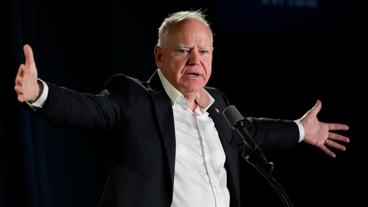 PHOTO: Democratic vice presidential nominee Minnesota Gov. Tim Walz speaks at a campaign stop, Nov 4, 2024, in LaCrosse, Wis.  (Morry Gash/AP)