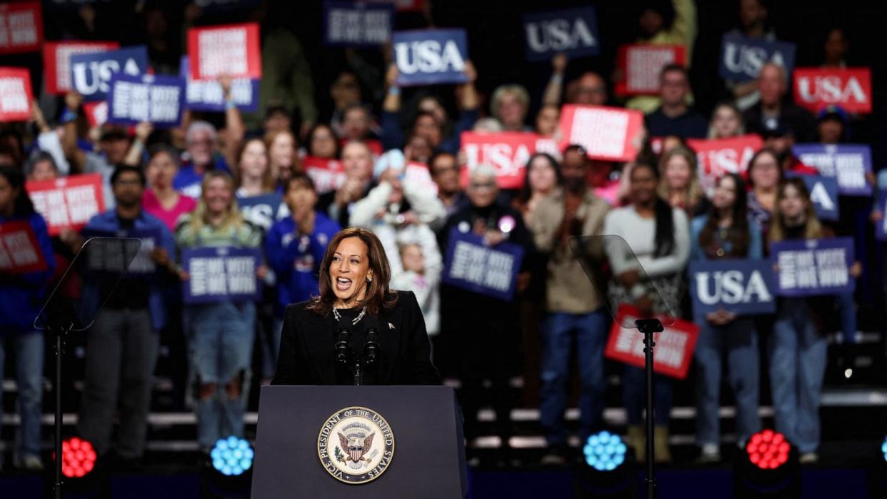 PHOTO: Democratic presidential nominee U.S. Vice President Kamala Harris speaks during her campaign rally, in Allentown, Pa, Nov. 4, 2024.  (Eloisa Lopez/Reuters)