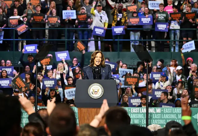 Vice President Kamala Harris delivers a speech during a rally in East Lansing, Michigan.