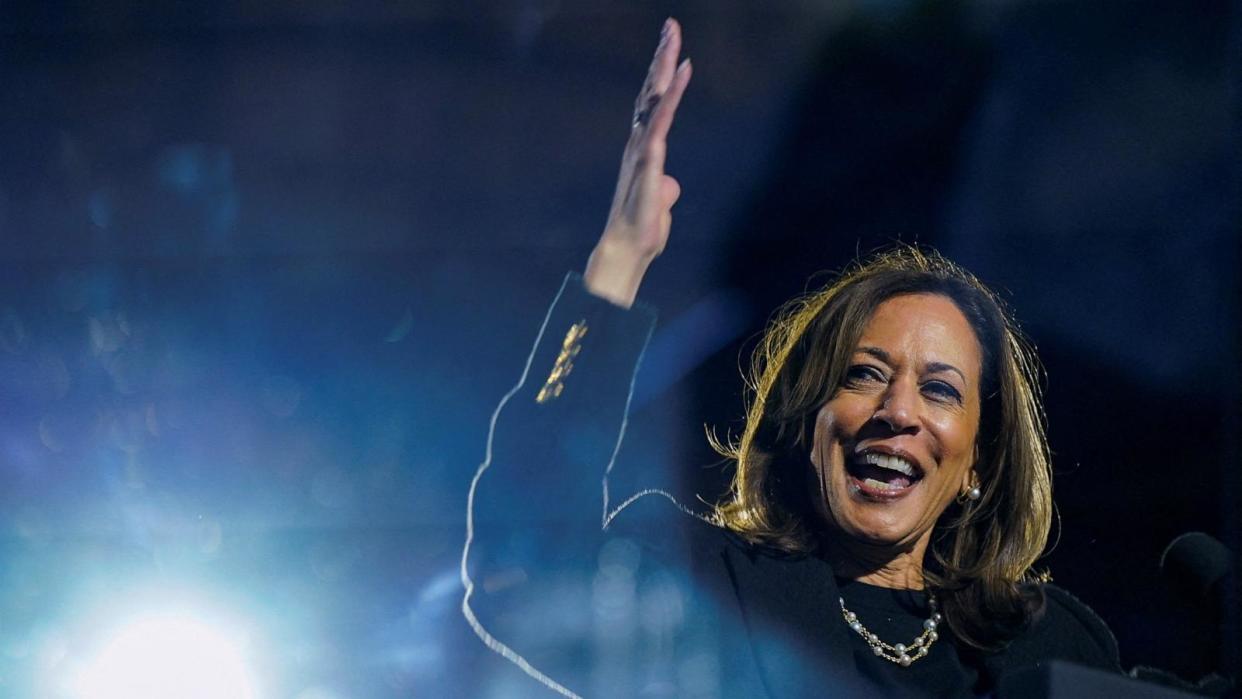 PHOTO: Democratic presidential nominee and U.S. Vice President Kamala Harris reacts during a campaign rally, in Pittsburgh, Nov. 4, 2024.  (Elizabeth Frantz/Reuters)