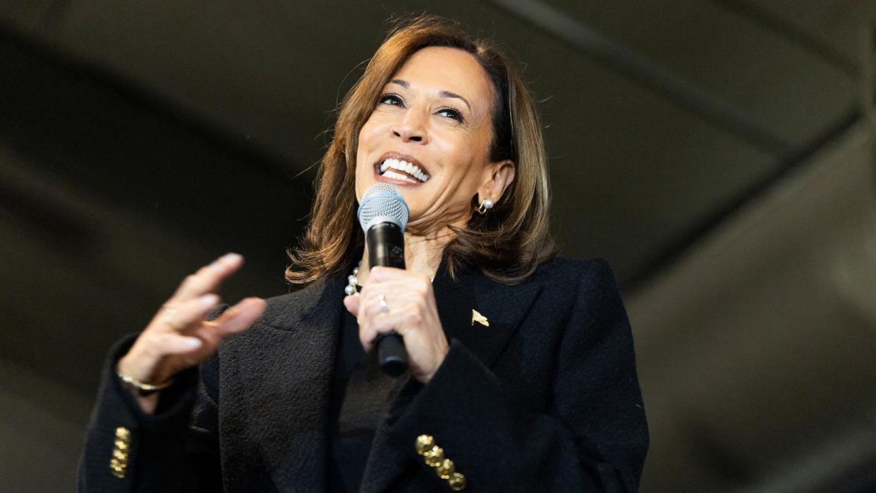 PHOTO: Vice President and Democratic presidential candidate Kamala Harris speaks to volunteers at a canvass kickoff event during a campaign stop at Montage Mountain Resorts in Scranton, Pa. on Nov. 4, 2024. (Ryan Collerd/AFP via Getty Images)