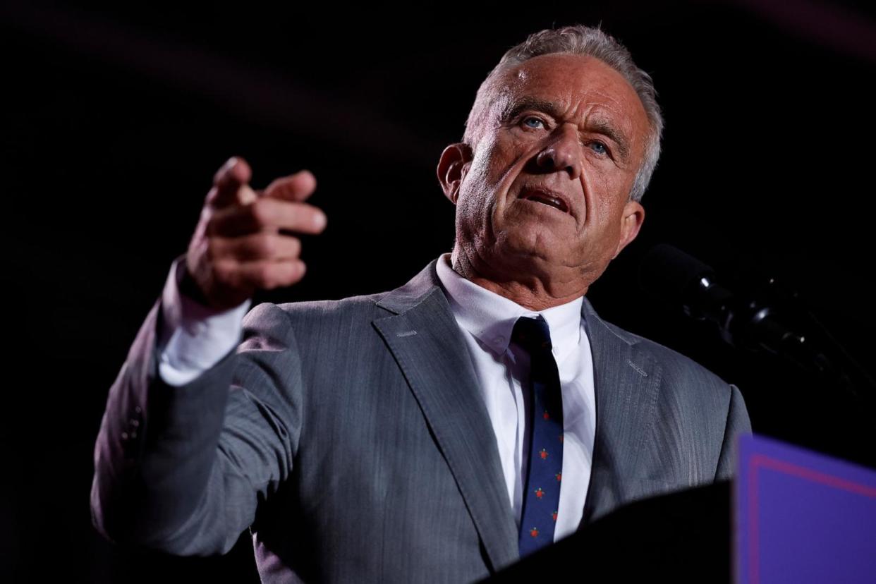 PHOTO: Robert F. Kennedy Jr. speaks during a campaign rally for Republican presidential nominee, former President Donald Trump at Macomb Community College on Nov. 1, 2024, in Warren, Michigan. (Chip Somodevilla/Getty Images)