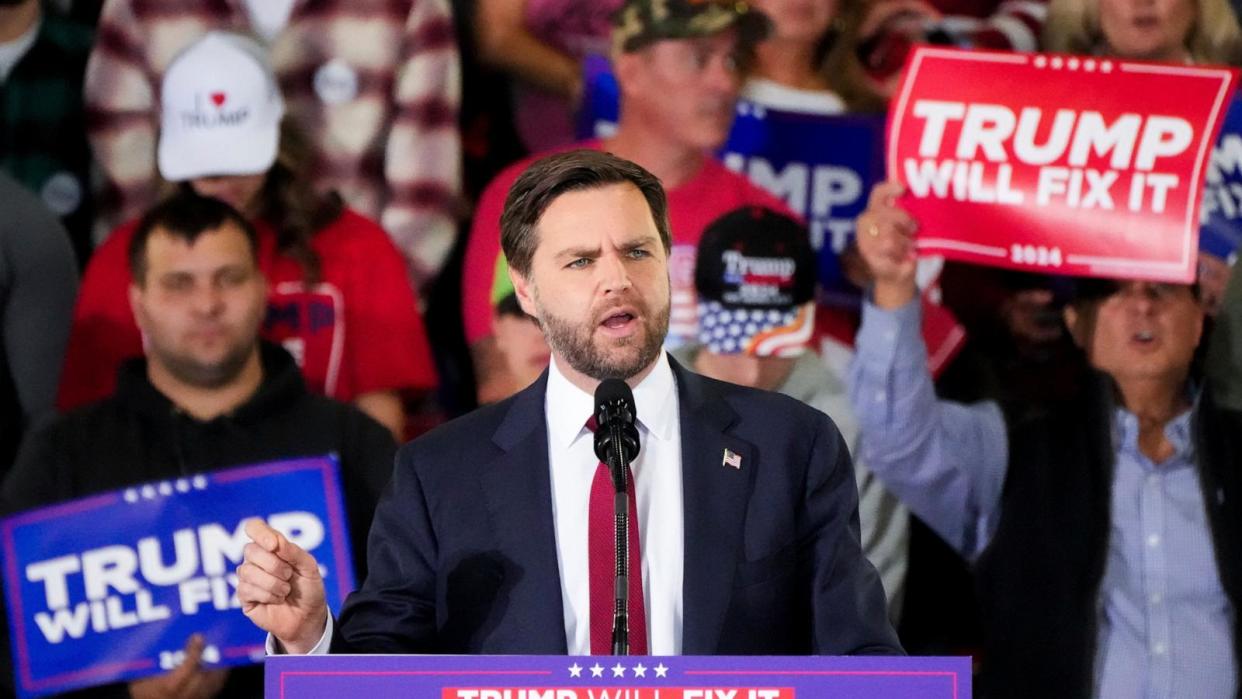 PHOTO: Republican vice presidential nominee Sen. JD Vance, R-Ohio, speaks during a campaign rally on Nov. 4, 2024, in Newtown, Pa.  (Mark Schiefelbein/AP)