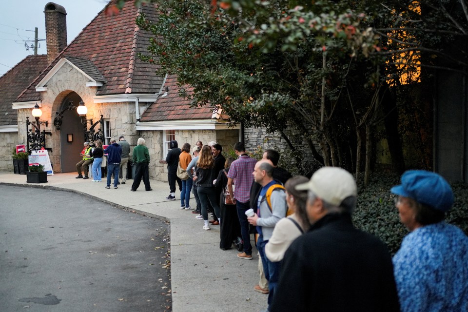 People line up to vote in the 2024 U.S. presidential election on Election Day at Park Tavern in Atlanta, Georgia