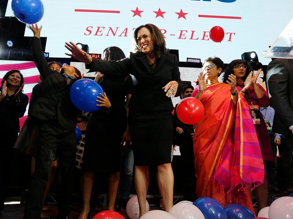 Kamala Harris celebrates winning her Senate race at her rally in downtown on November 8, 2016 in Los Angeles, California.