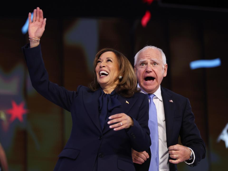 Vice President Kamala Harris and Democratic vice presidential nominee Minnesota Gov. Tim Walz celebrate during the final day of the Democratic National Convention at the United Center on August 22, 2024