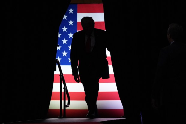 Republican presidential nominee former President Donald Trump arrives at a campaign rall