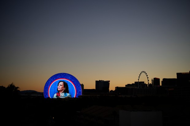 A political advertisement for Democratic presidential nominee Vice President Kamala Harris is displayed on the Sphere