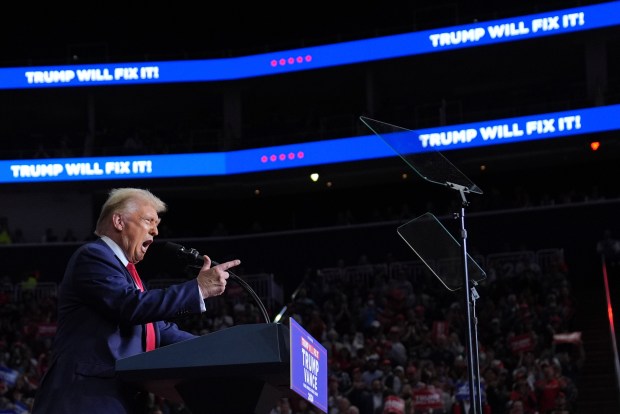 Republican presidential nominee former President Donald Trump speaks at a campaign rally