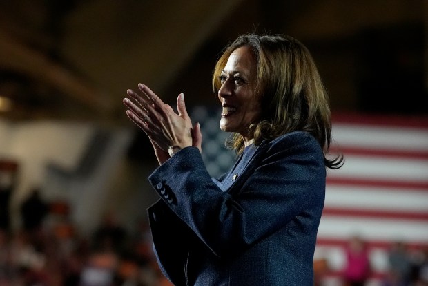 Democratic presidential nominee Vice President Kamala Harris speaks during a campaign rally