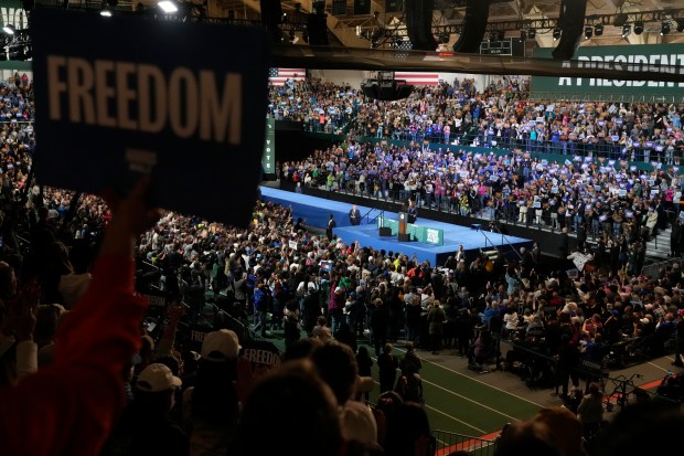 Democratic presidential nominee Vice President Kamala Harris speaks during a campaign rally