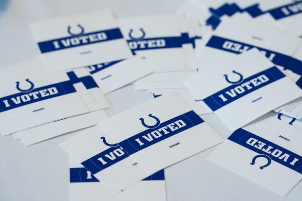 “I Voted” stickers featuring the logo of the Indianapolis Colts...