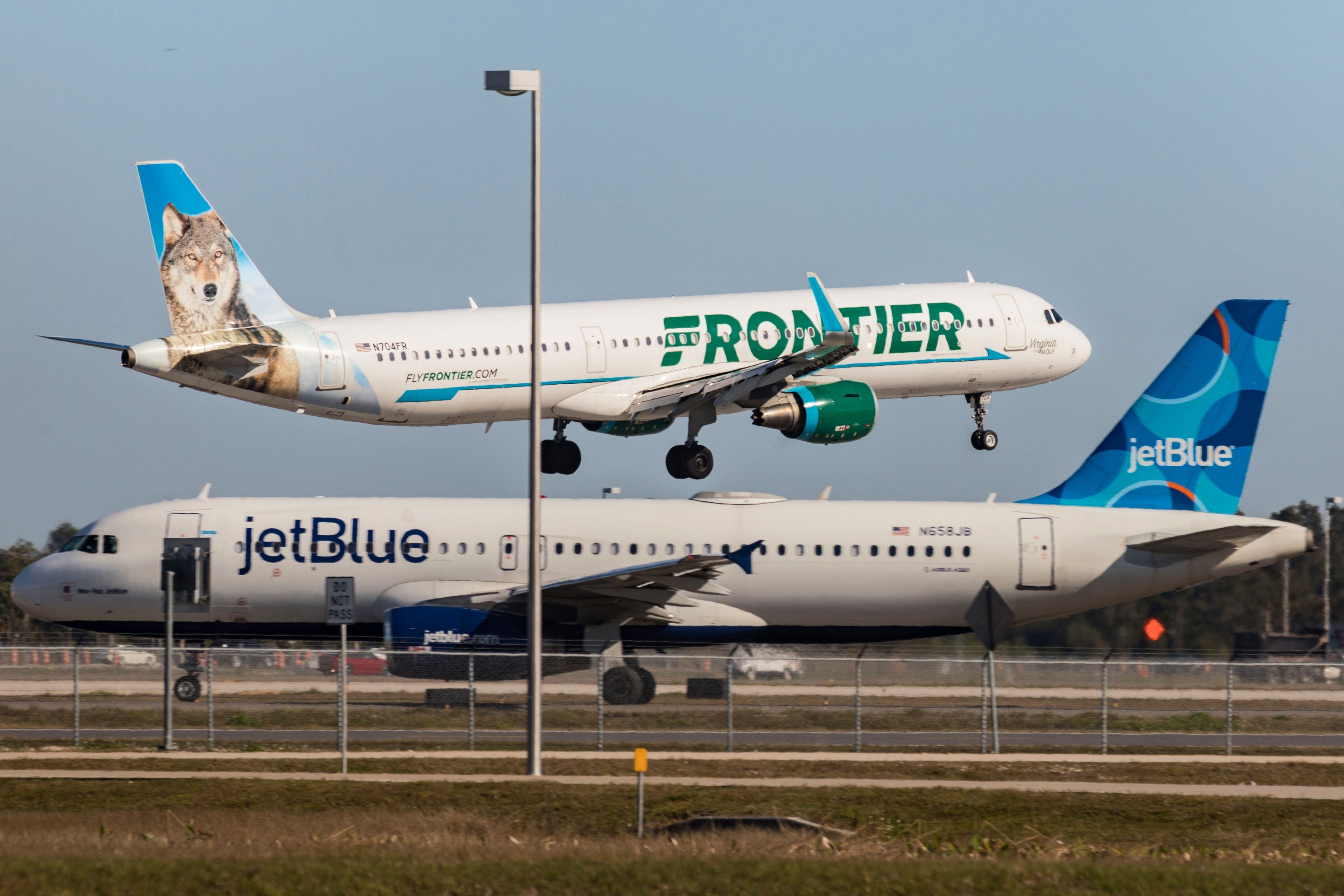 A Frontier Airbus A321-21 (Virginia the Wolf Livery) landing at Southwest Florida International Airport (RSW) is passed by a JetBlue Airways Airbus A320-232