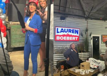 Lauren Boebert celebrates her latest election win with Trump cut outs and right-wing toilet paper