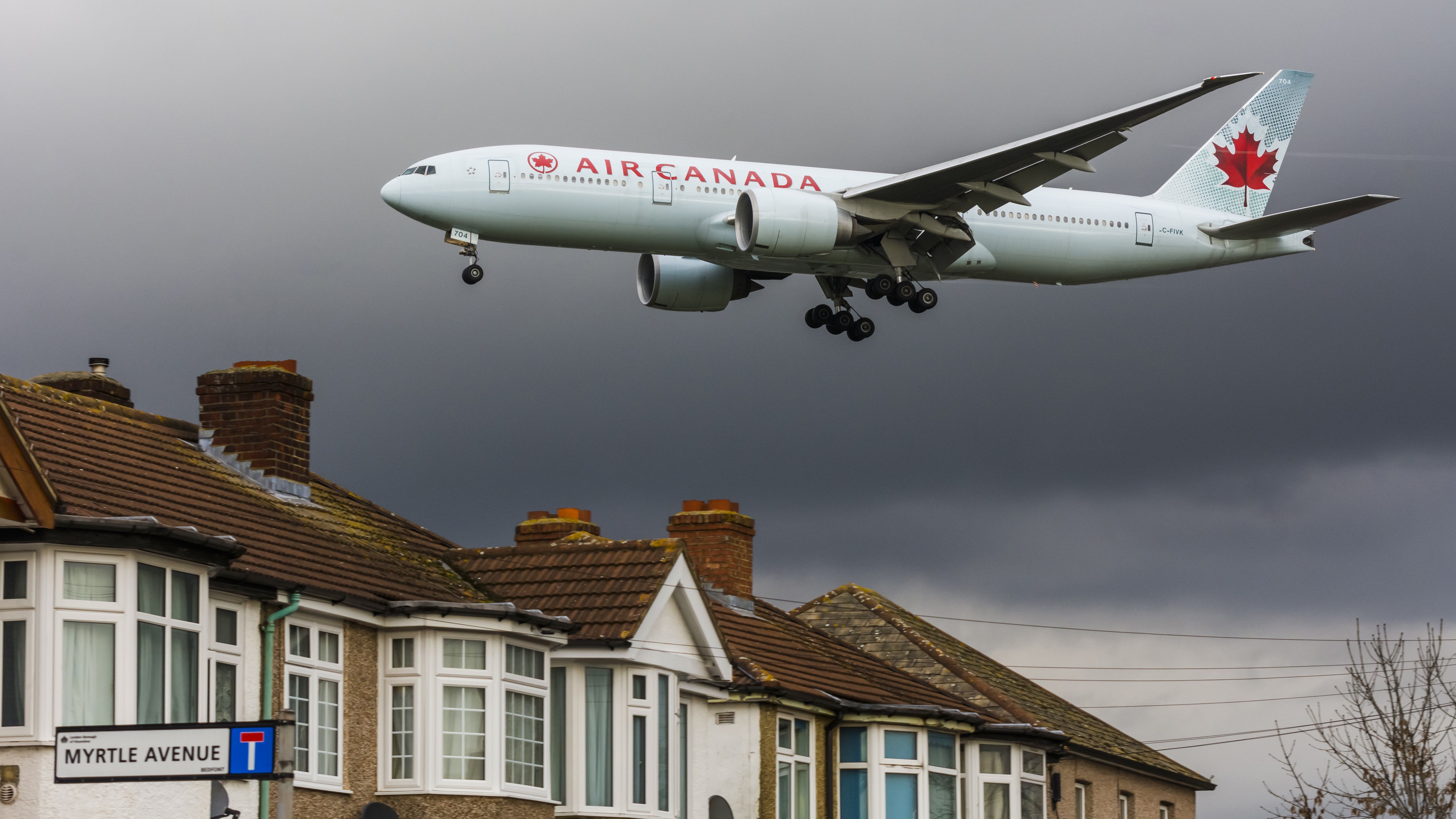 An Air Canada Boeing 777 about to land at London Heathrow Airport.