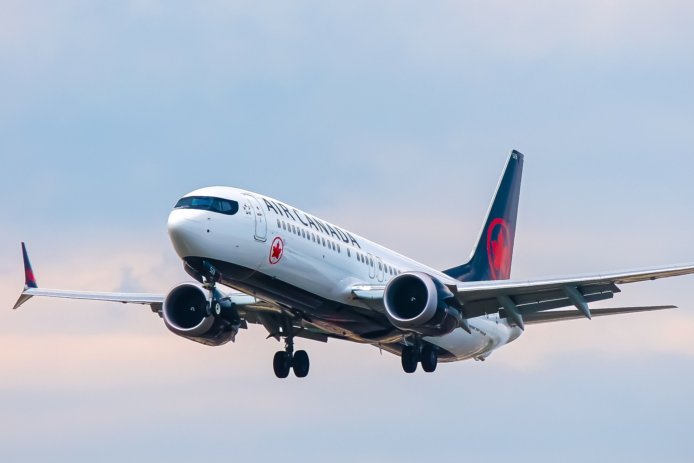 An Air Canada Boeing 737 Max 8, with identification C-GMIQ, landing at Toronto Pearson International Airport