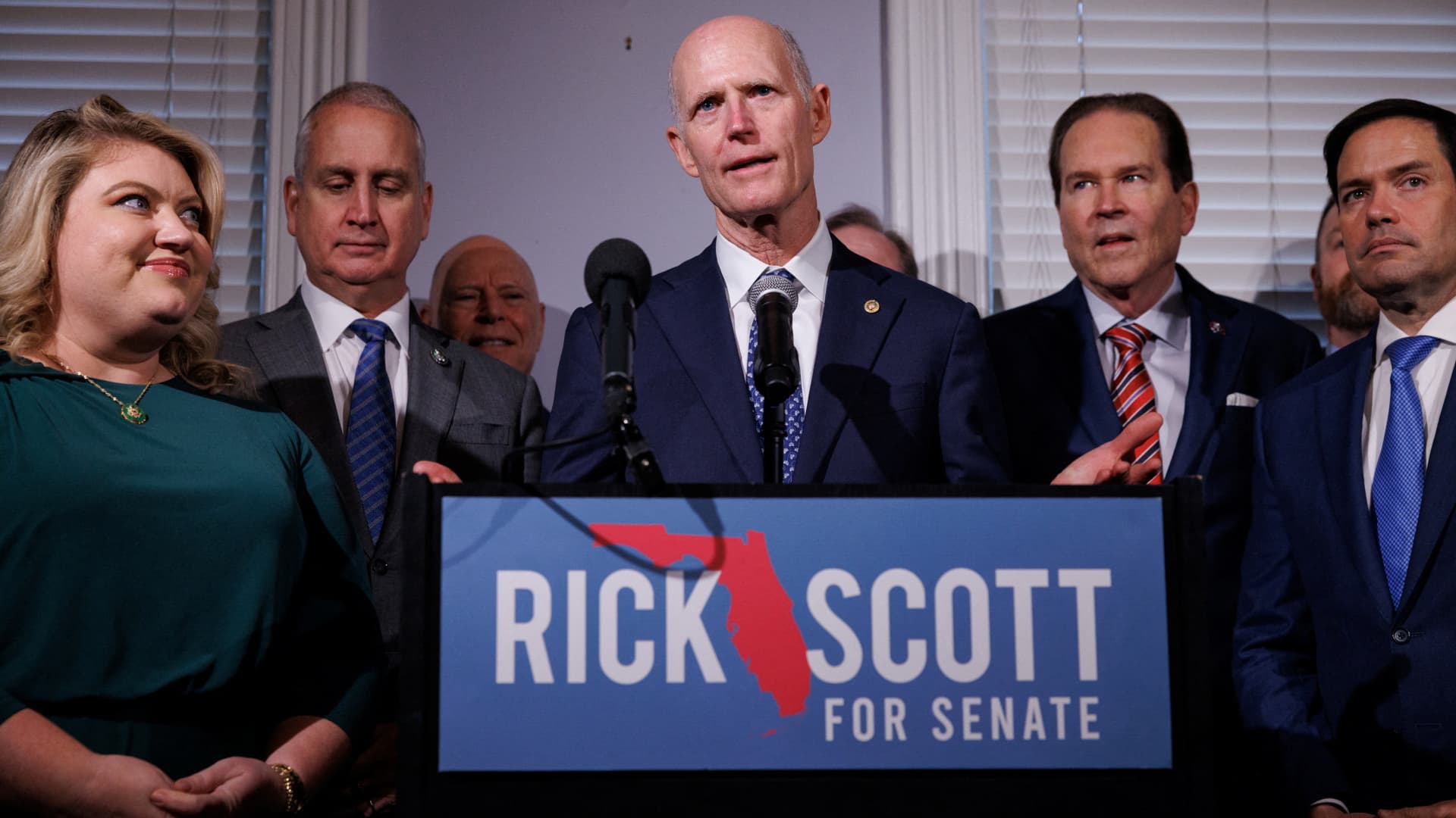 Sen. Rick Scott (R-FL) speaks at a press conference regarding his run for re-election at the Conservative Partnership Institute in Washington, U.S., March 5, 2024. Scott, current Junior Senator from the state of Florida, is being challenged by former Democrat Representative Debbie Mucarsel-Powell. 