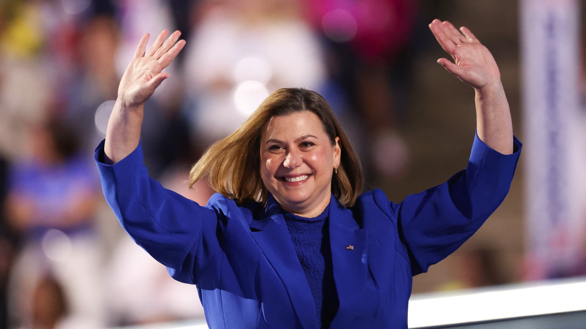 US Representative Elissa Slotkin, Democrat from Michigan, leaves the stage after speaking on the fourth and last day of the Democratic National Convention (DNC) at the United Center in Chicago, Illinois, on August 22, 2024.