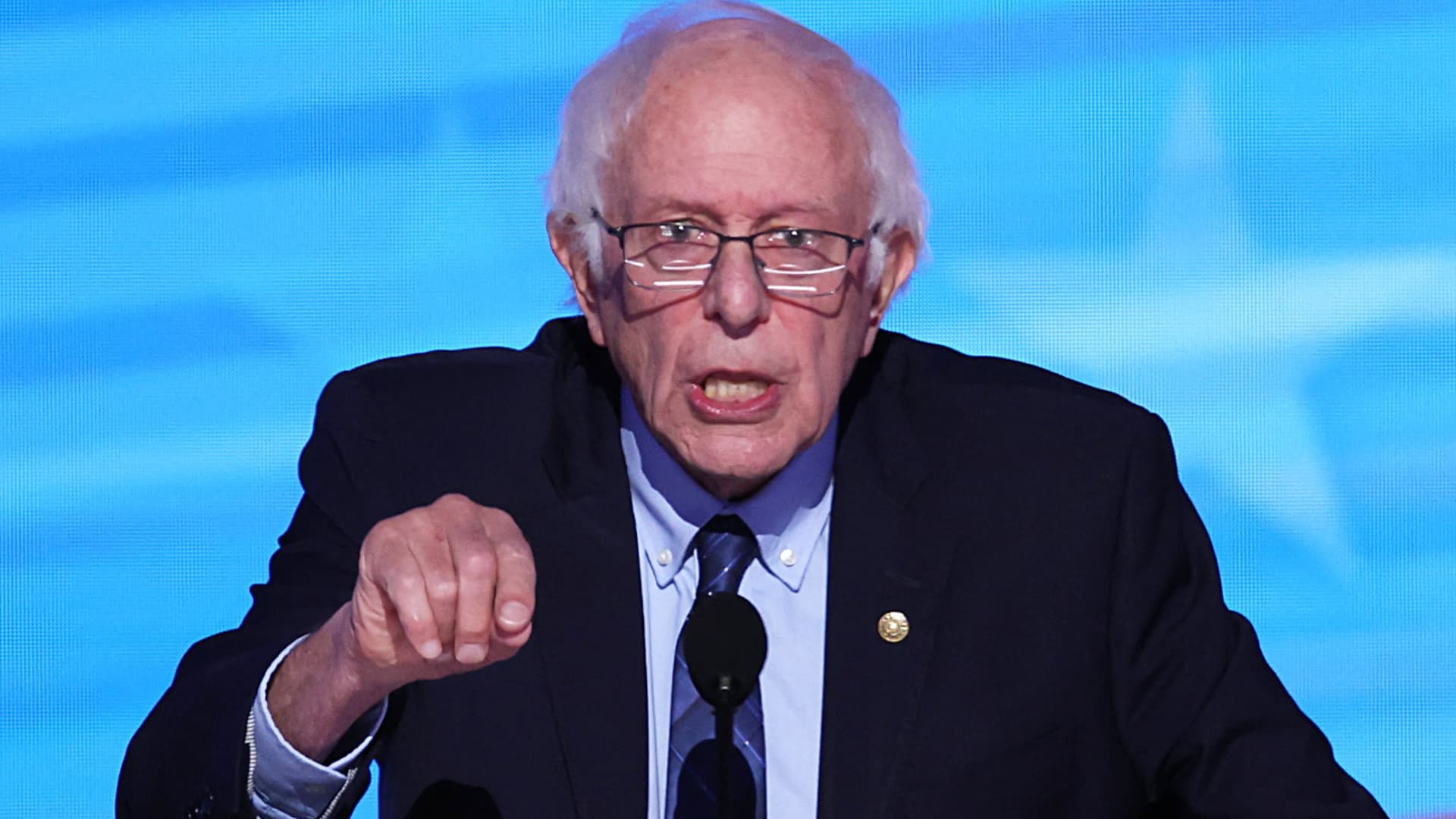 Senator Bernie Sanders (I-VT) speaks during Day 2 of the Democratic National Convention (DNC) in Chicago, Illinois, U.S., August 20, 2024. 