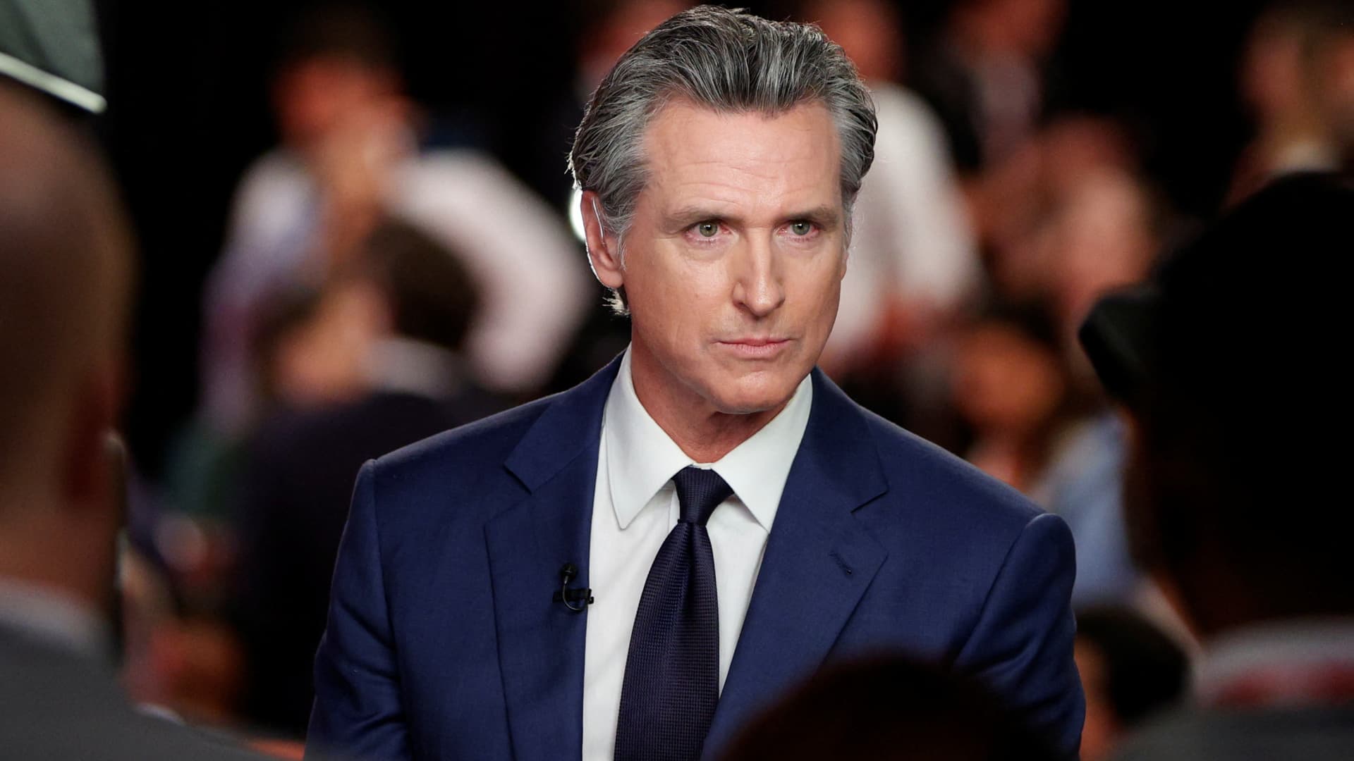 California Governor Gavin Newsom (D) reacts as he speaks to the members of the press on the day of the first presidential debate hosted by CNN in Atlanta, Georgia, U.S., June 27, 2024. REUTERS/Marco Bello