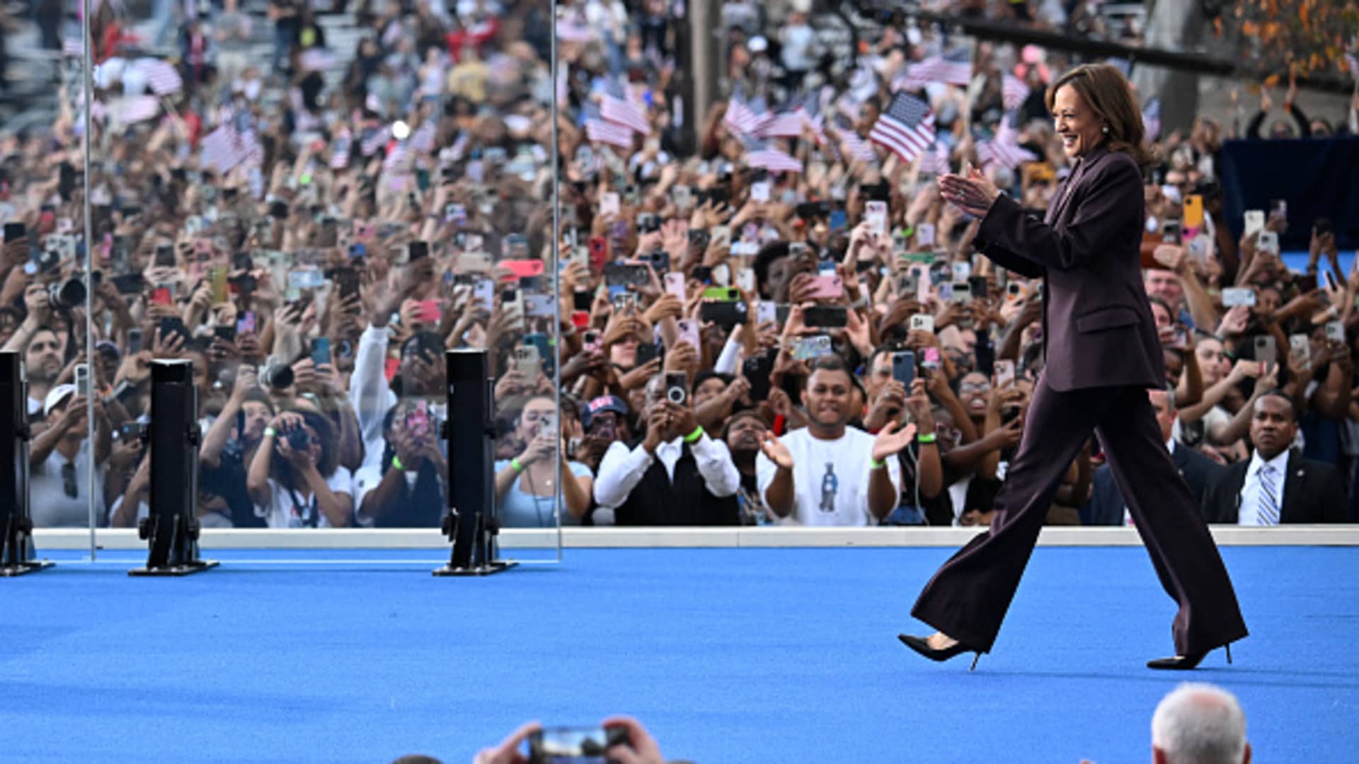 Democratic presidential candidate Vice President Kamala Harris walks on stage as she arrives to speak at Howard University in Washington, D.C., Nov. 6, 2024.