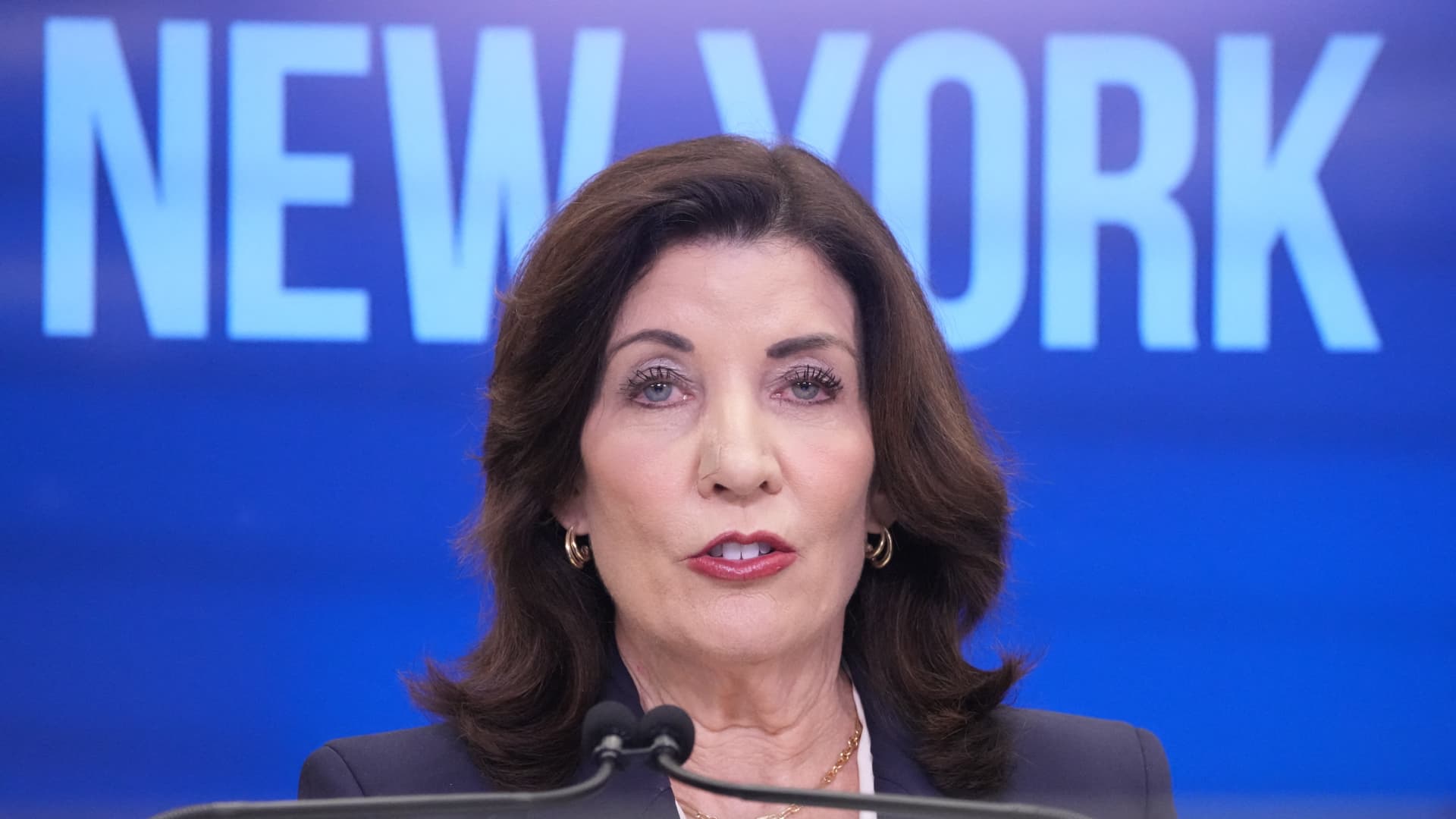 New York Gov. Kathy Hochul announces preparations for disruptions at East Coast ports ahead of a potential dockworker strike at a press conference at the World Trade Center in New York City, on Sept. 30, 2024.