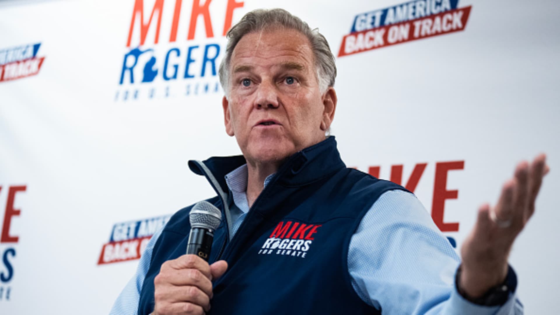 Former Rep. Mike Rogers, R-Mich., U.S. senate candidate, speaks during a campaign rally in Portage, Mich., on Wednesday, October 30, 2024. 