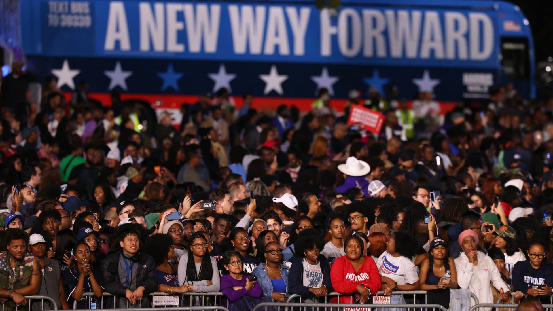 Attendees stand at the event held by U.S. Democratic presidential nominee Kamala Harris during Election Night, at Howard University, in Washington, U.S., November 5, 2024.