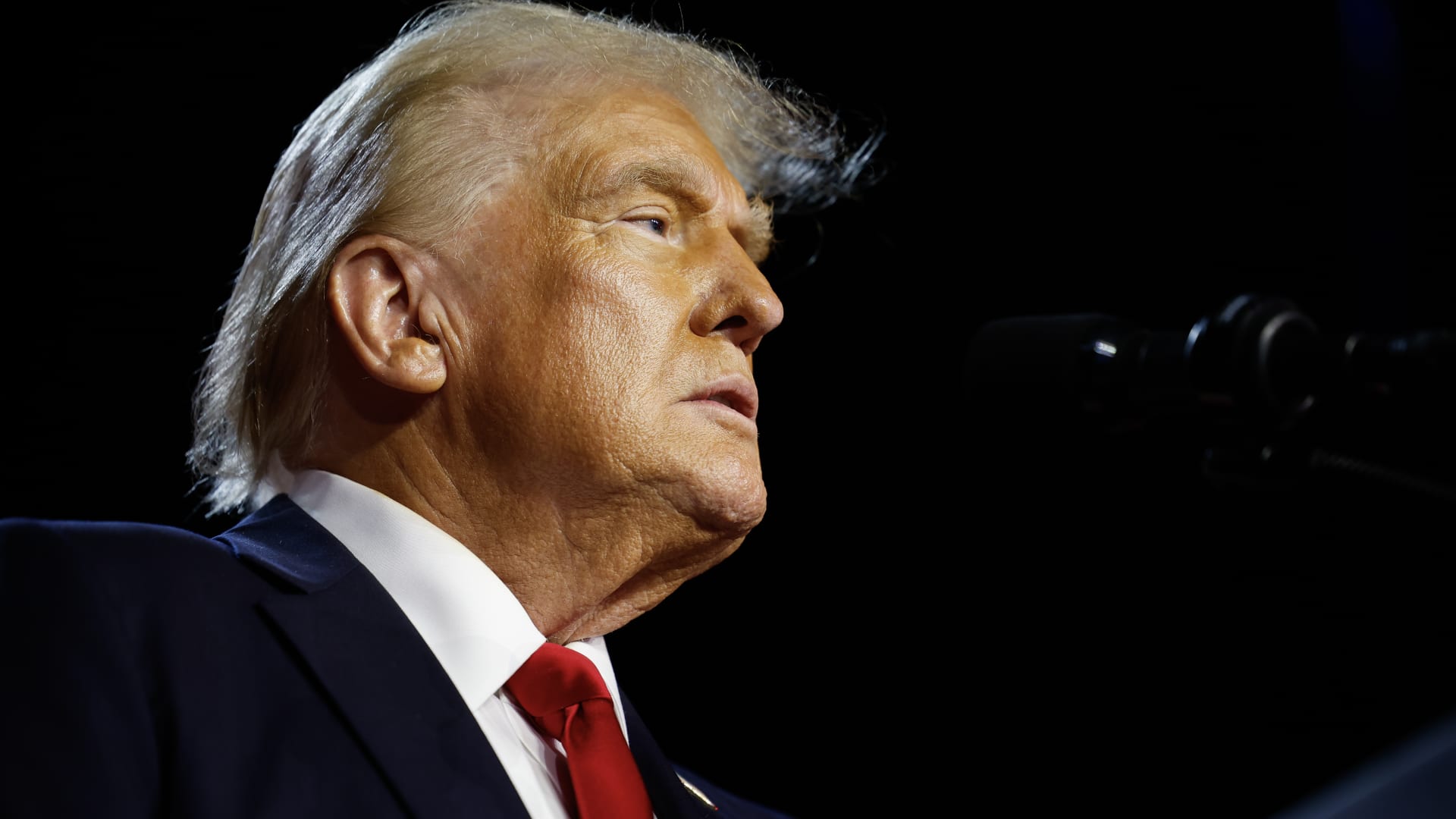 Republican presidential nominee former President Donald Trump speaks during an election night event at the Palm Beach Convention Center in West Palm Beach, Florida, Nov. 6, 2024.