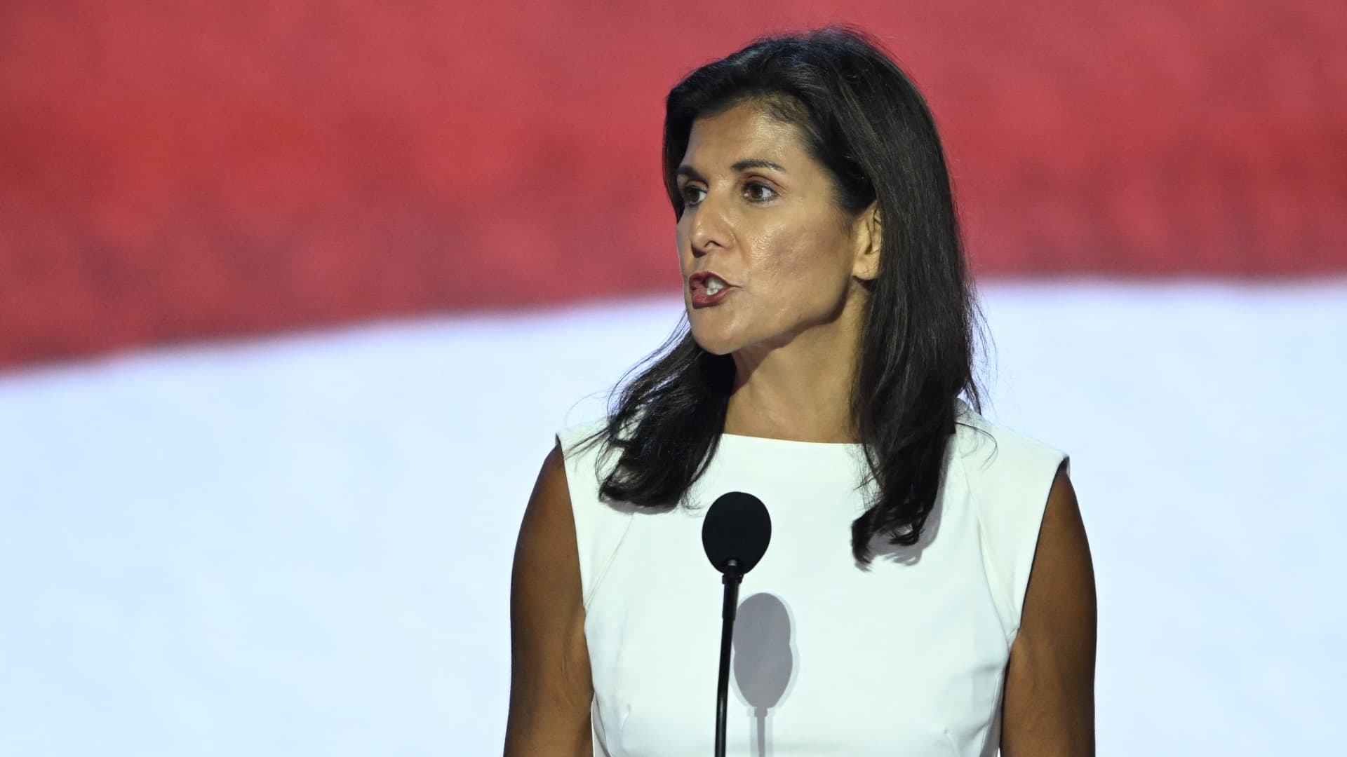 Former U.S. Ambassador to the United Nations Nikki Haley takes part in a sound check on the second day of the 2024 Republican National Convention at the Fiserv Forum in Milwaukee, Wisconsin, July 16, 2024.