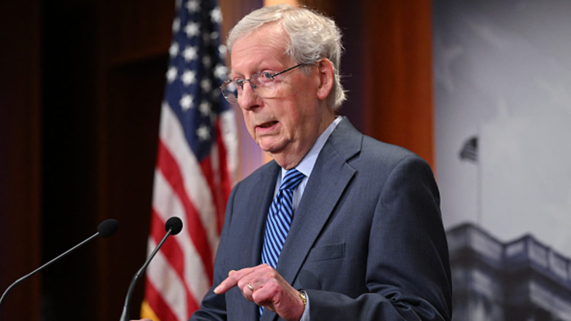 US Senate Minority Leader Mitch McConnell, Republican of Kentucky, speaks during a news conference ahead of a vote on a foreign aid package at the US Capitol in Washington, DC, on April 23, 2024. 