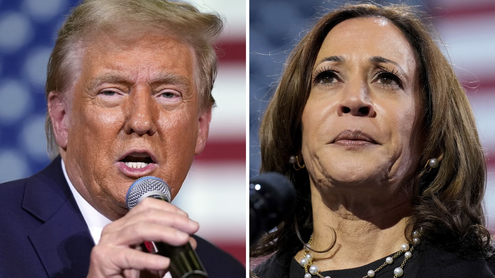 Republican presidential nominee former President Donald Trump, left, speaking at at a town hall on Oct. 20, 2024, in Lancaster, Pa., and Democratic presidential nominee Vice President Kamala Harris, right, speaking at a campaign rally on Oct. 14, 2024, Erie, Pa.