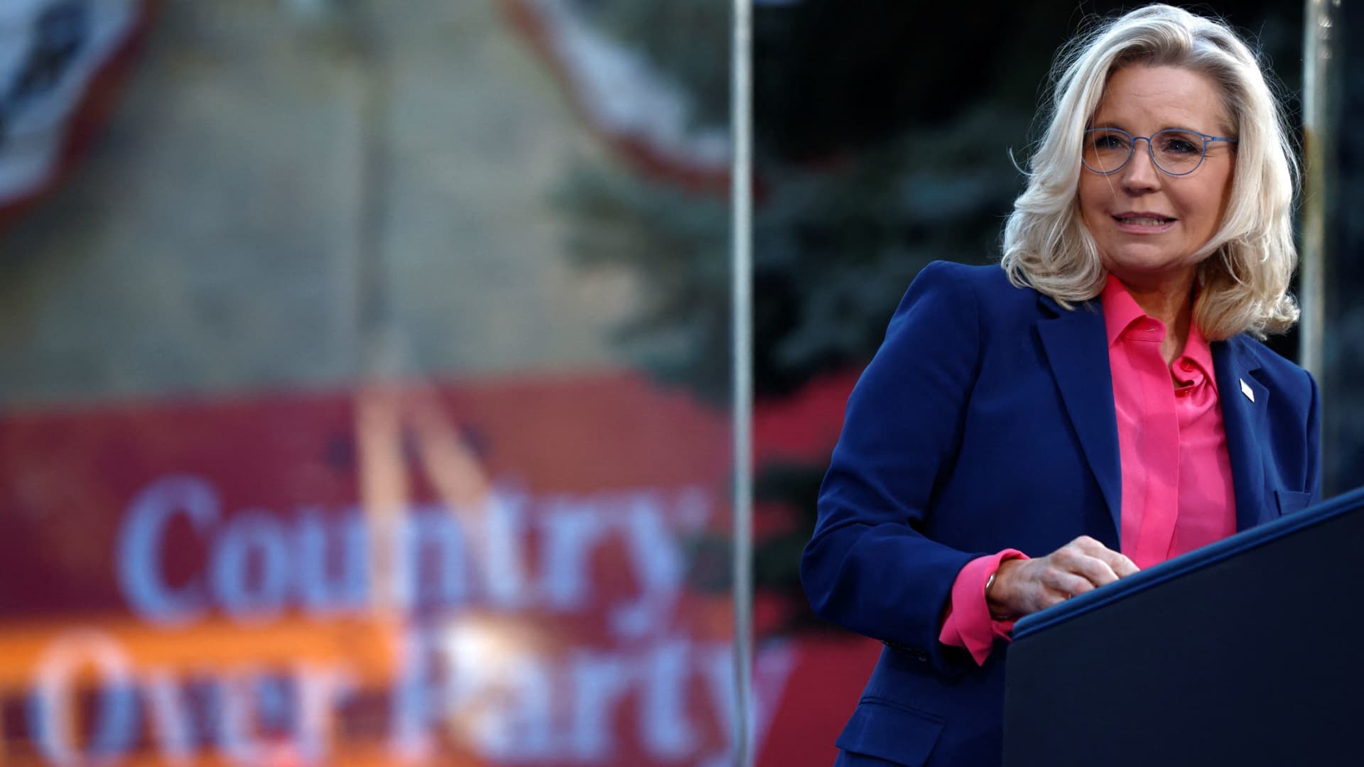 Former Congresswoman Liz Cheney (R-WY) speaks during a campaign event with Democratic presidential nominee and U.S. Vice President Kamala Harris (not pictured) in Ripon, Wisconsin, U.S., October 3, 2024. 