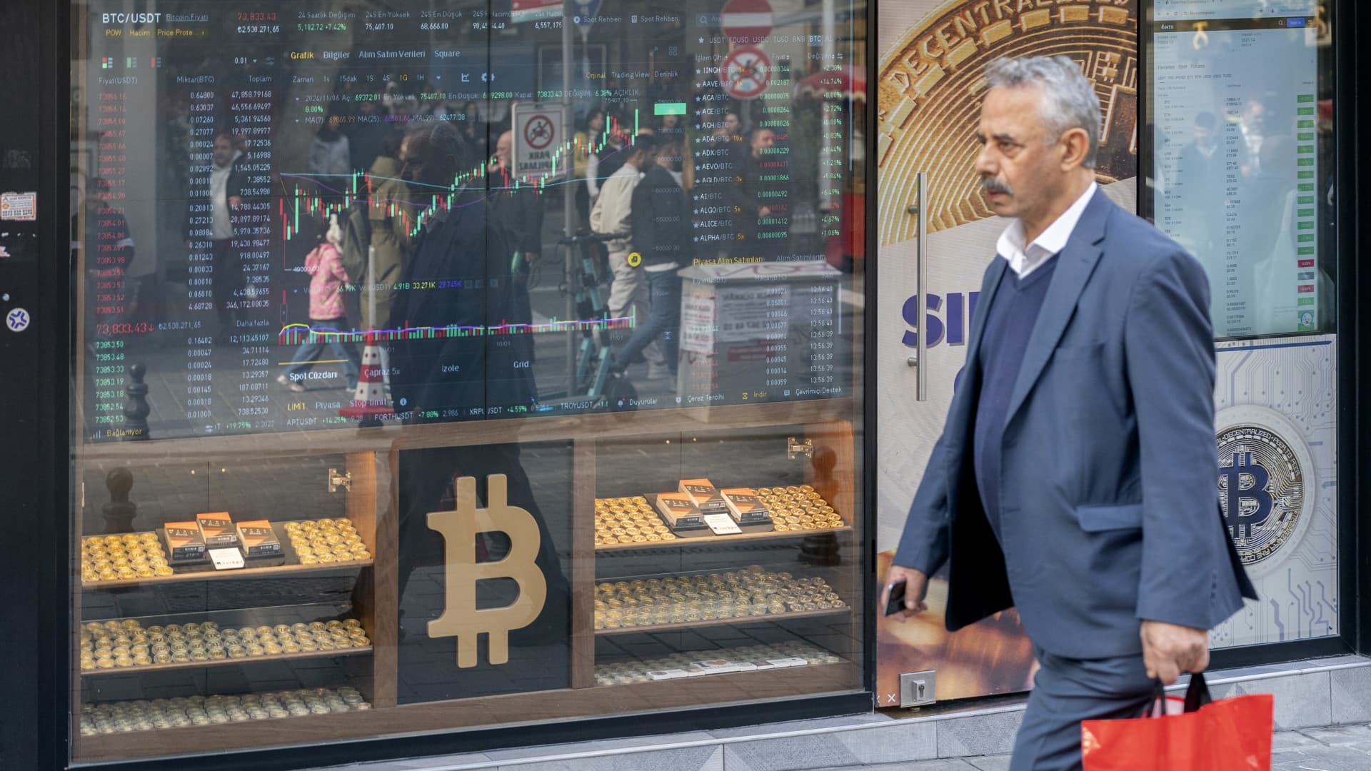 Pricing information for cryptocurrencies and a Bitcoin logo in the window of a cryptocurrency exchange in Istanbul, Turkey, on Wednesday, Nov. 6, 2024. 