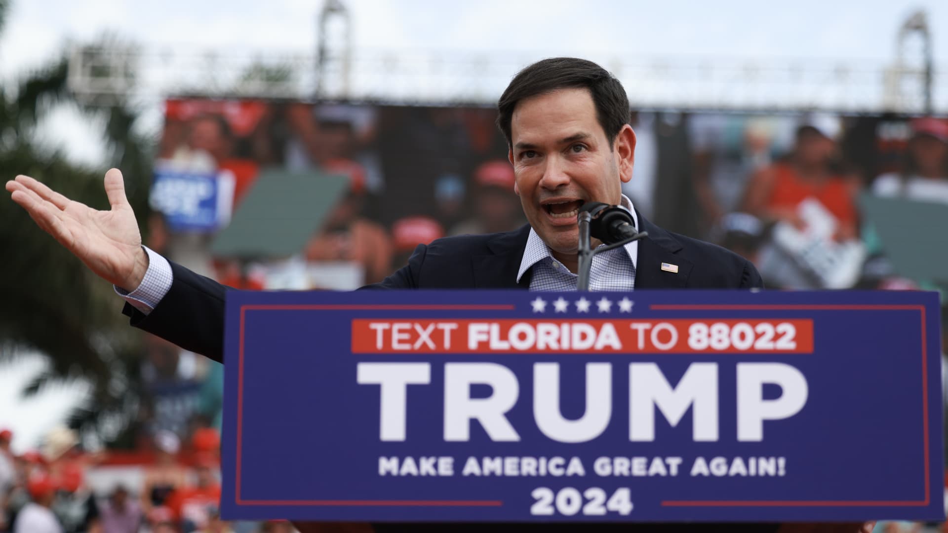 Sen. Marco Rubio (R-FL) attends a campaign rally for former President Donald Trump at the Trump National Doral Golf Club on July 09, 2024 in Doral, Florida. 