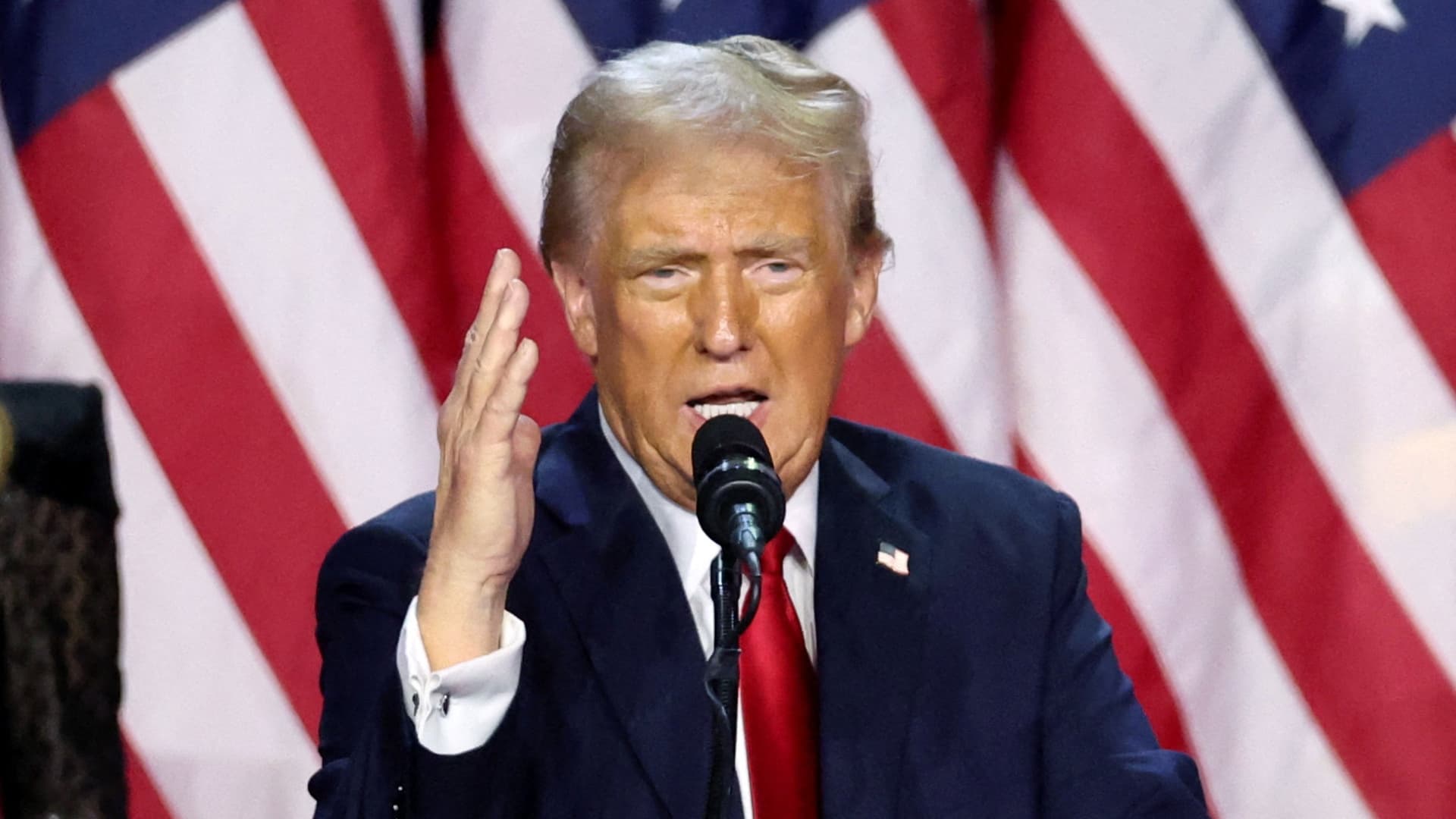 Republican presidential nominee and former U.S. President Donald Trump addresses supporters during his rally for the 2024 U.S. Presidential Election, in Palm Beach County Convention Center, in West Palm Beach, Florida, U.S., November 6, 2024. 