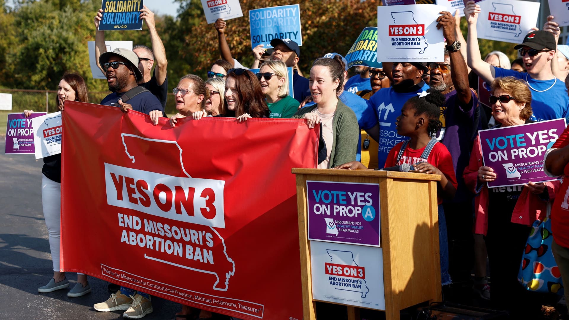 Activists hold a rally in support of two Missouri ballot amendments including Amendment 3, a measure that would establish a constitutional right to abortion, at a UAW local in Kansas City, Missouri, U.S., October 12, 2024. 