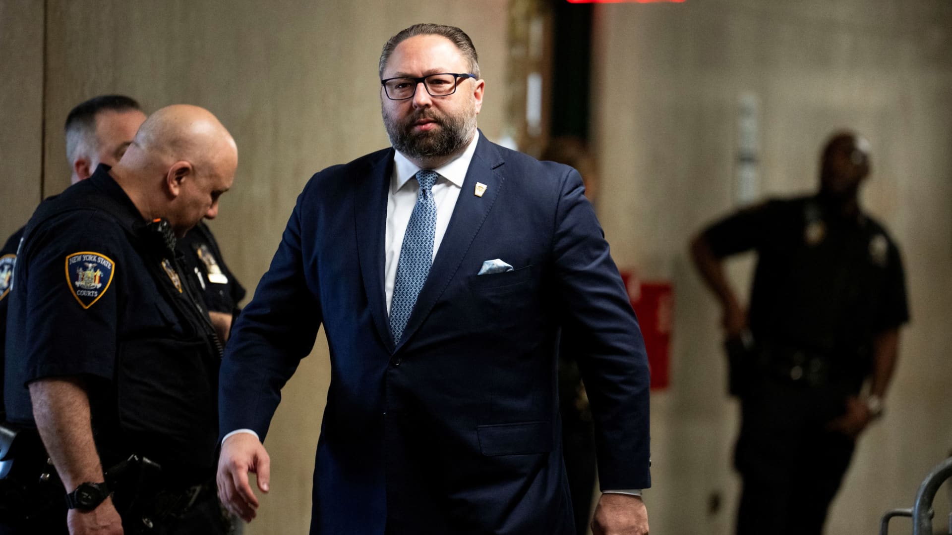 Senior Adviser Jason Miller, is seen outside the courtroom as Republican presidential candidate, former U.S. President Donald Trump attends his criminal trial at the New York State Supreme Court in New York, New York, Thursday, May, 2, 2024. 