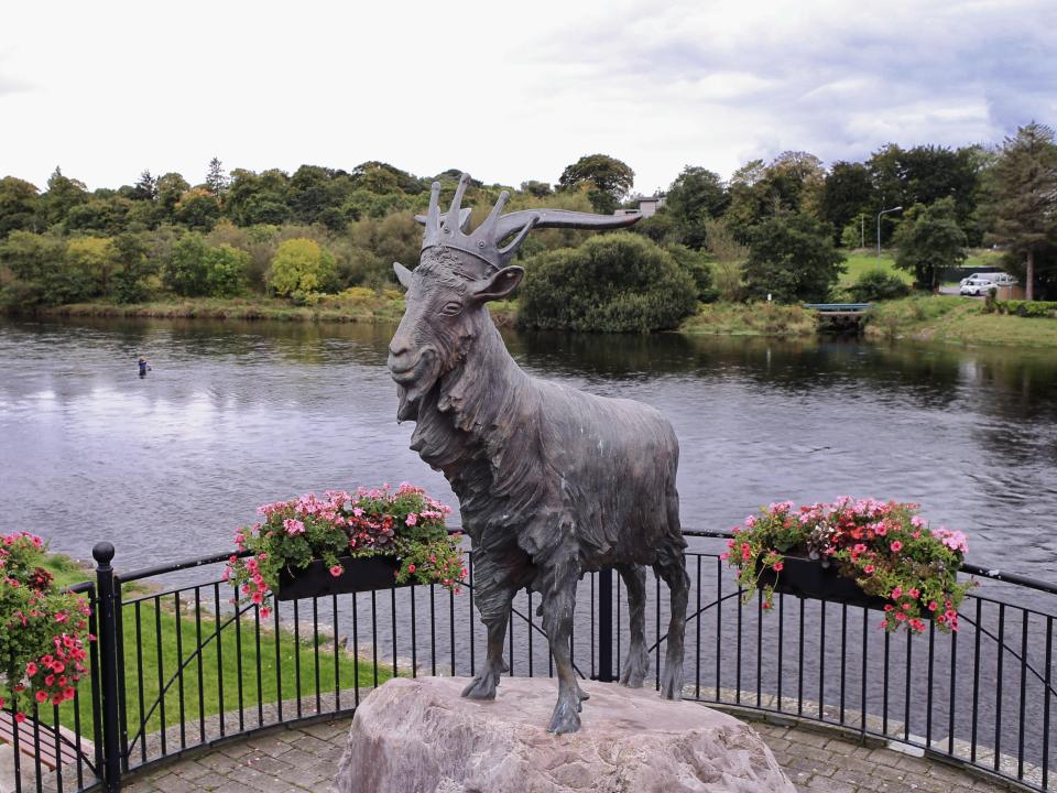 A statue of a goat wearing a crown near a river. The statue is surrounded by a black fence with pink flowers in boxes.