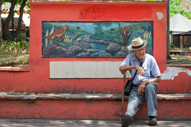 The graffiti reads “FARC – EP,” which stands for “Revolutionary Armed Forces of Colombia – People’s Army.”