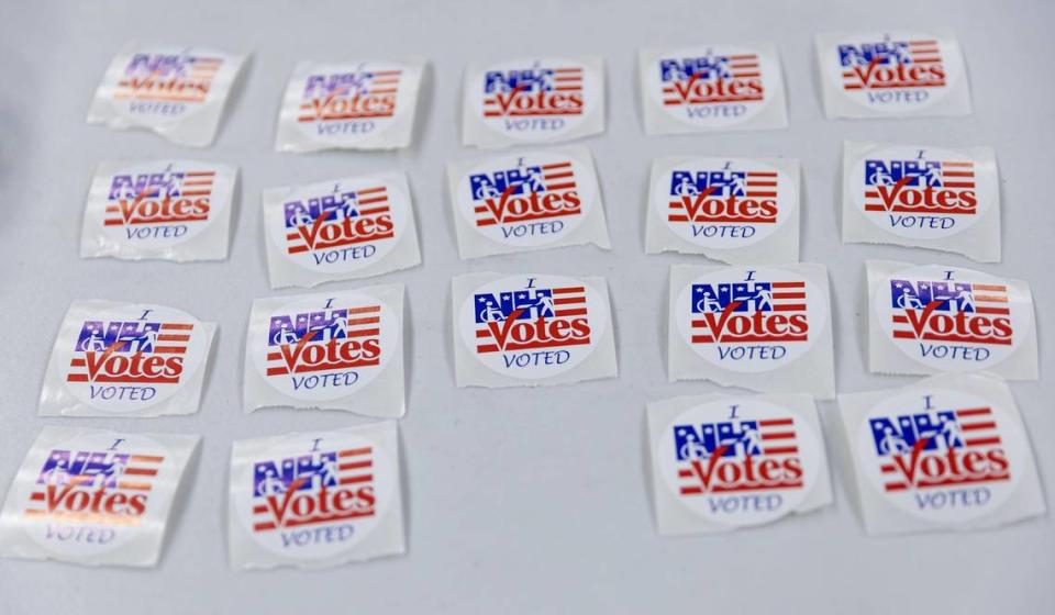 Stickers that say “I Voted” are ready to be given out at a polling site inside the Green Street Community Center on Tuesday, Jan. 23, 2024, in Concord, New Hampshire.