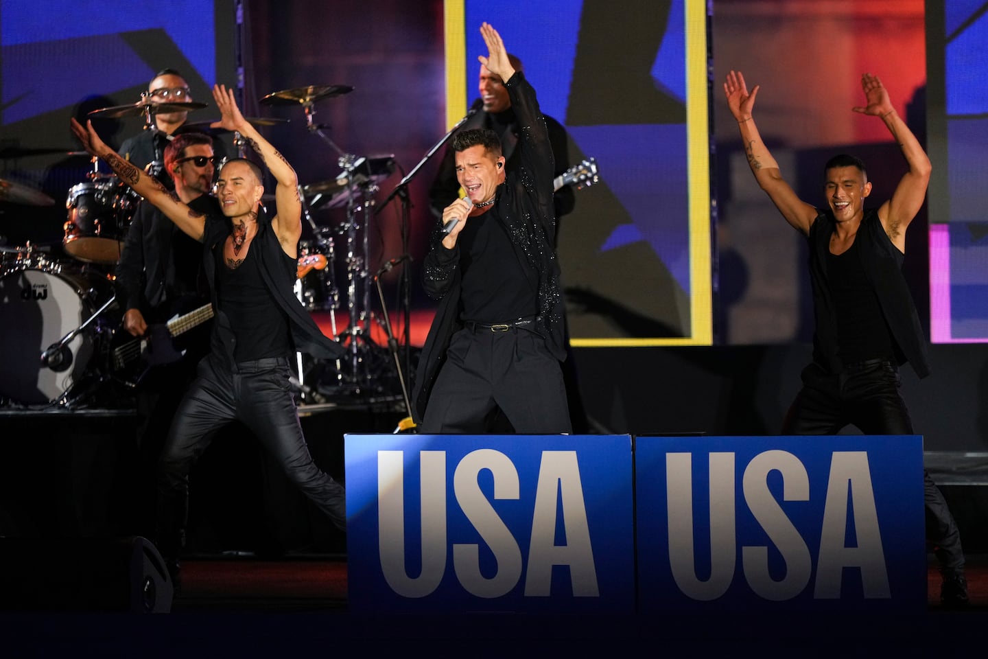 Ricky Martin performs at a campaign rally supporting Vice President Kamala Harris outside the Philadelphia Museum of Art.