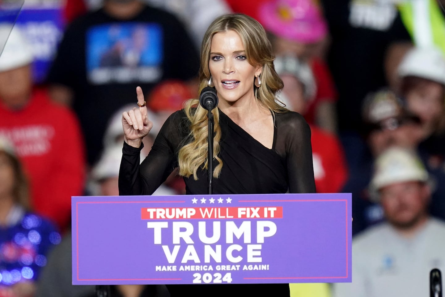 Megyn Kelly speaks at a campaign rally with former president Donald Trump at PPG Paints Arena, Nov. 4, in Pittsburgh.