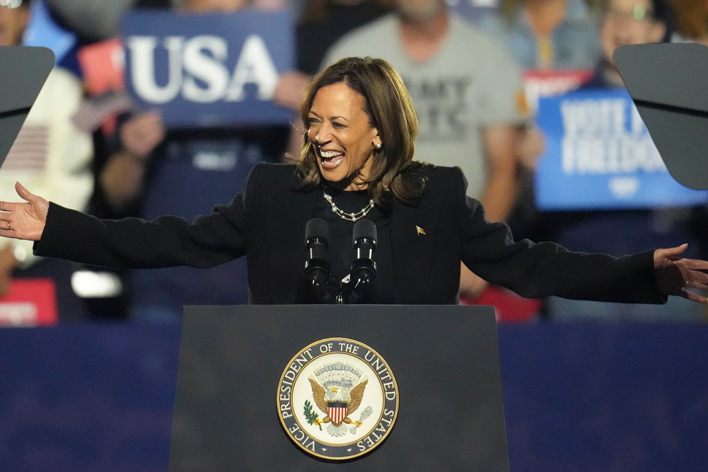 Vice President Kamala Harris spoke during a campaign rally in Pittsburgh Monday night. 