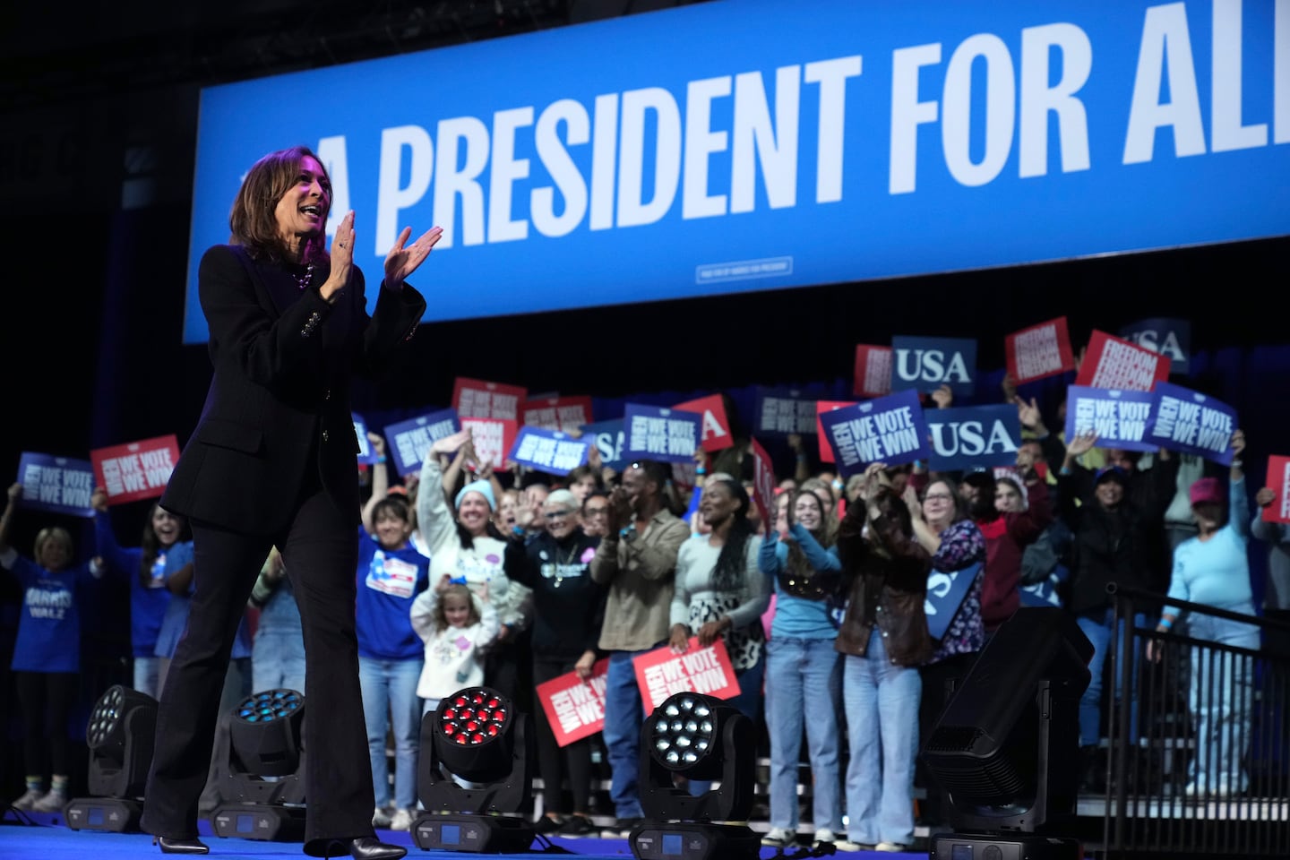 Democratic presidential nominee Vice President Kamala Harris departs after speaking during a campaign rally in Memorial Hall at Muhlenberg College in Allentown, Pa., Monday, Nov. 4, 2024. 