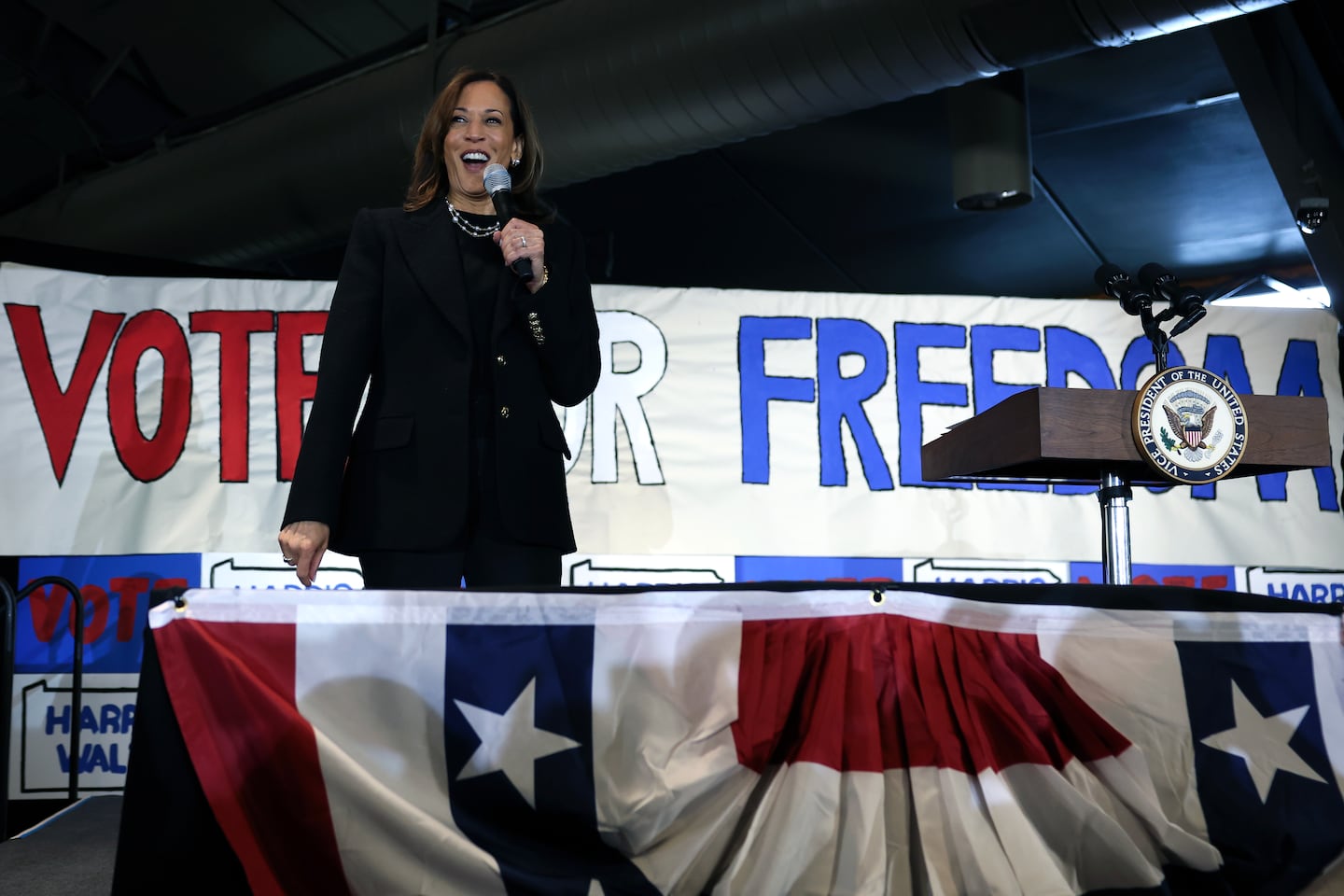 Democratic presidential nominee, Vice President Kamala Harris speaks at a canvass kickoff event on Nov. 4, 2024 in Moosic, Penn. 