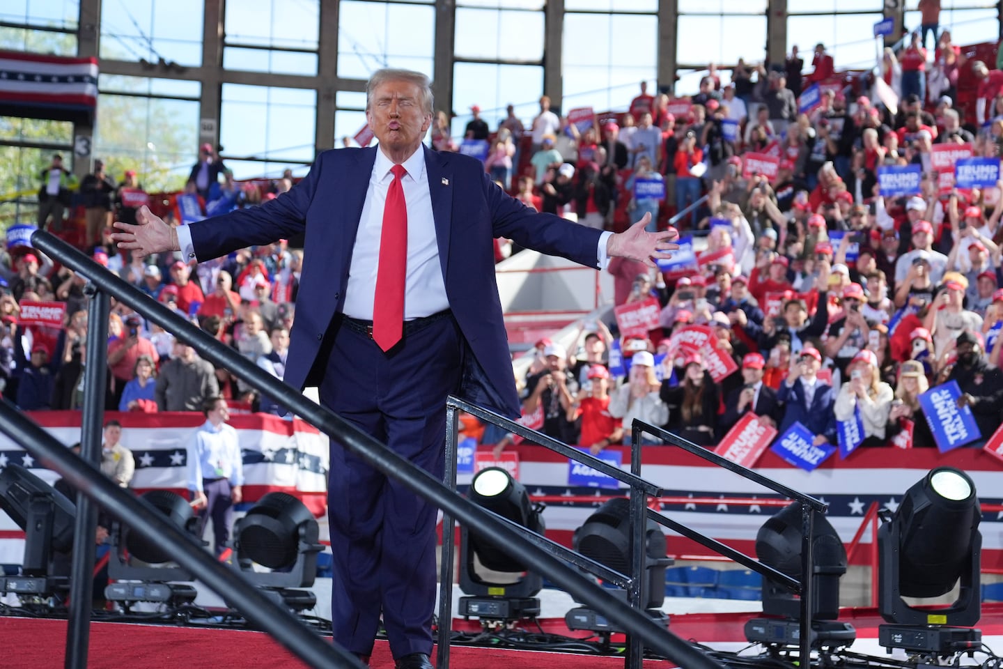 Republican presidential nominee former president Donald Trump wraps up a campaign rally at J.S. Dorton Arena, Monday, Nov. 4, 2024, in Raleigh, N.C. 