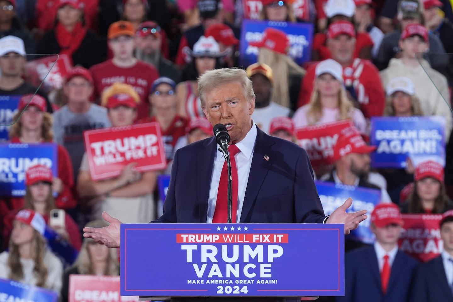 Republican presidential nominee former president Donald Trump speaks during a campaign rally at J.S. Dorton Arena, Monday, Nov. 4, 2024, in Raleigh, N.C. 